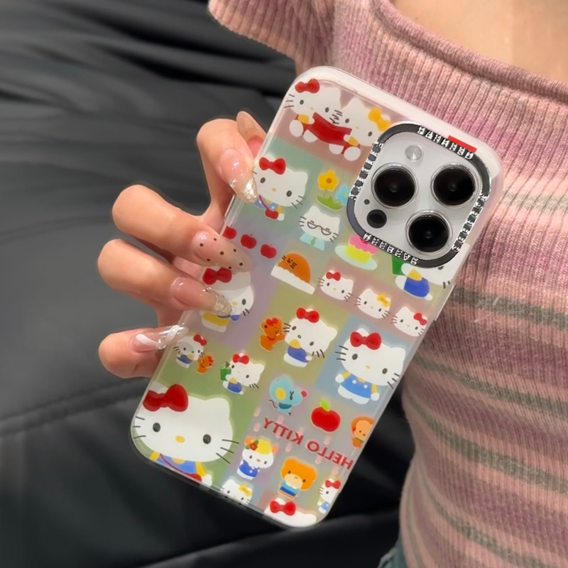 日韩格子kt猫闪粉镜头适用苹果15ProMax手机壳iphone15新款14可爱13创意12高级女款14promax软硅胶保护套8plu