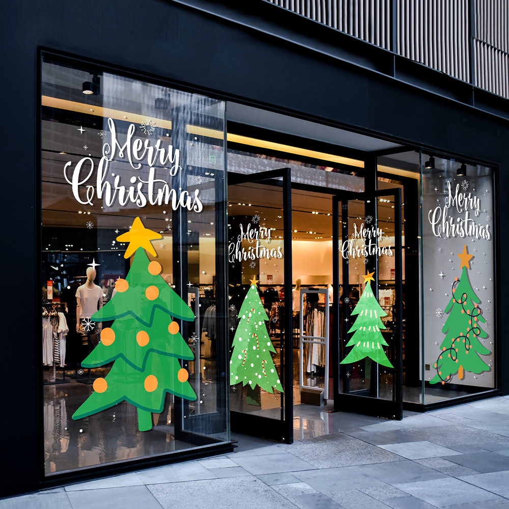 圣诞树窗贴手绘抽象艺术蜡笔素描圣诞老人网红店铺圣诞节UV玻璃贴 - 图0