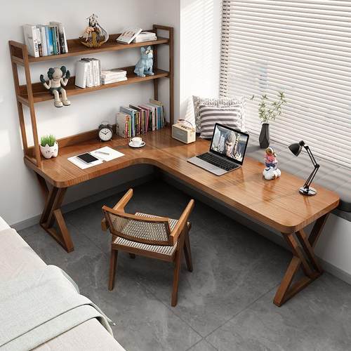 转角书桌书架一体家用卧室床边电脑桌实木书桌书架一体台式电脑桌 - 图2