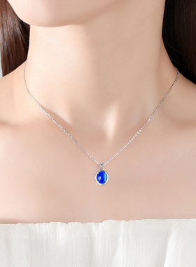 蓝色椭圆银项链女款2025新款小众设计高级感时尚简约锁骨链吊坠