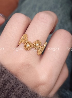 法式宫廷复古金色太阳花戒指镂空花朵开口戒轻奢vintage风设计感