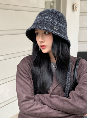 渔夫帽女秋冬飘带针织盆帽大头围显脸小保暖百搭遮阳防晒水桶帽子