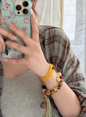 天然黄玛瑙女款圆珠红珠手链