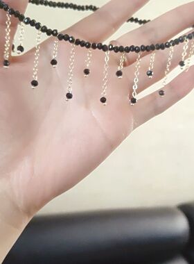 尖晶石黑色原创14k包金小众锁骨链复古嘻哈流苏颈链