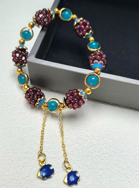 民族风天然石榴石花球手链耳坠毛衣链搭配天河石手串耳环