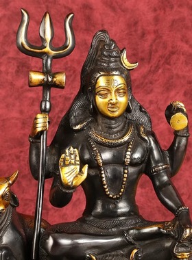 印度国际直邮手工黄铜Shiva湿婆雕像与南迪 9 英寸黑色古董色