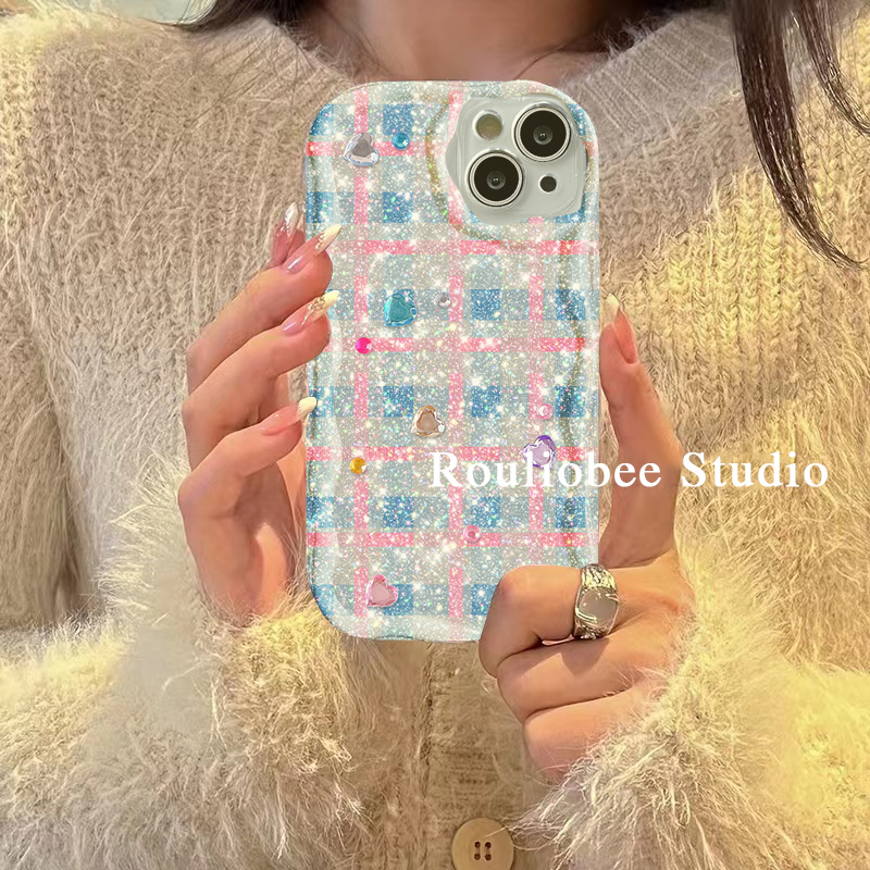立体diy彩钻爱心格子闪粉适用iphone14promax苹果13手机壳11新款14pro女12少女心14小红书高级感硅胶防摔软壳
