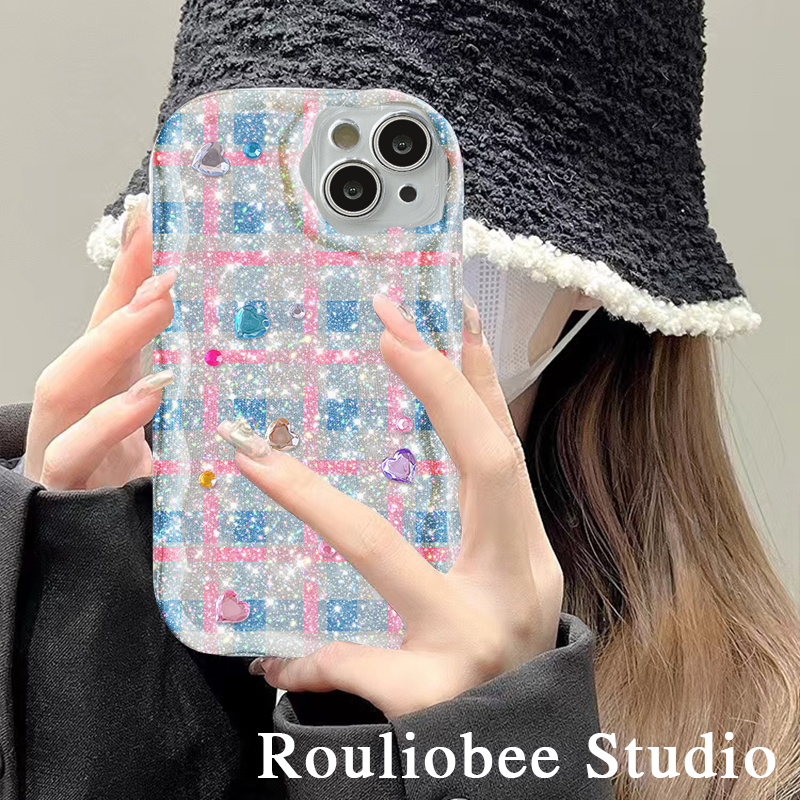 闪粉爱心彩钻格子适用苹果14promax手机壳iphone13新款13promax网红立体12女款14pro软硅胶11创意防摔手机套