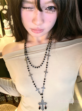 哥特风黑色十字架串珠项链