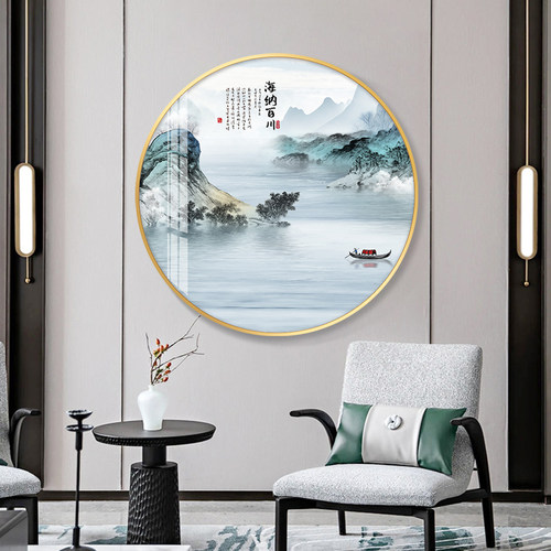 新中式圆形玄关装饰画客厅走廊过道书房茶室餐厅流水生财山水挂画 - 图1