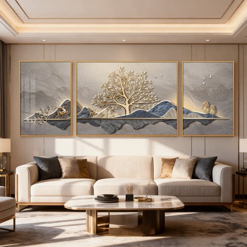 现代轻奢客厅三联装饰画大气沙发背景墙挂画高级感靠山福鹿壁画 - 图2
