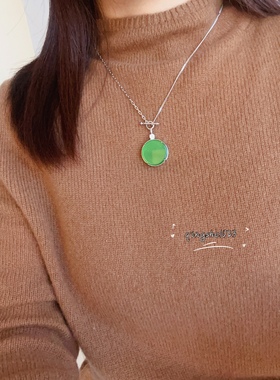 通体925银新中式国风绿玉髓圆形无事牌葫芦吊坠项链女手镶起荧光