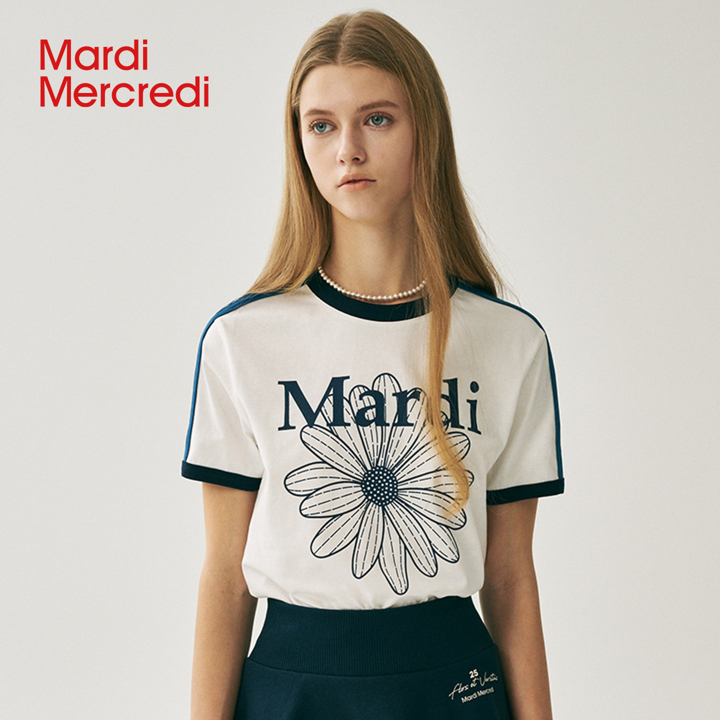 MardiMercredi拼色小雏菊插肩短袖T恤正肩上衣女美式复古夏季新款