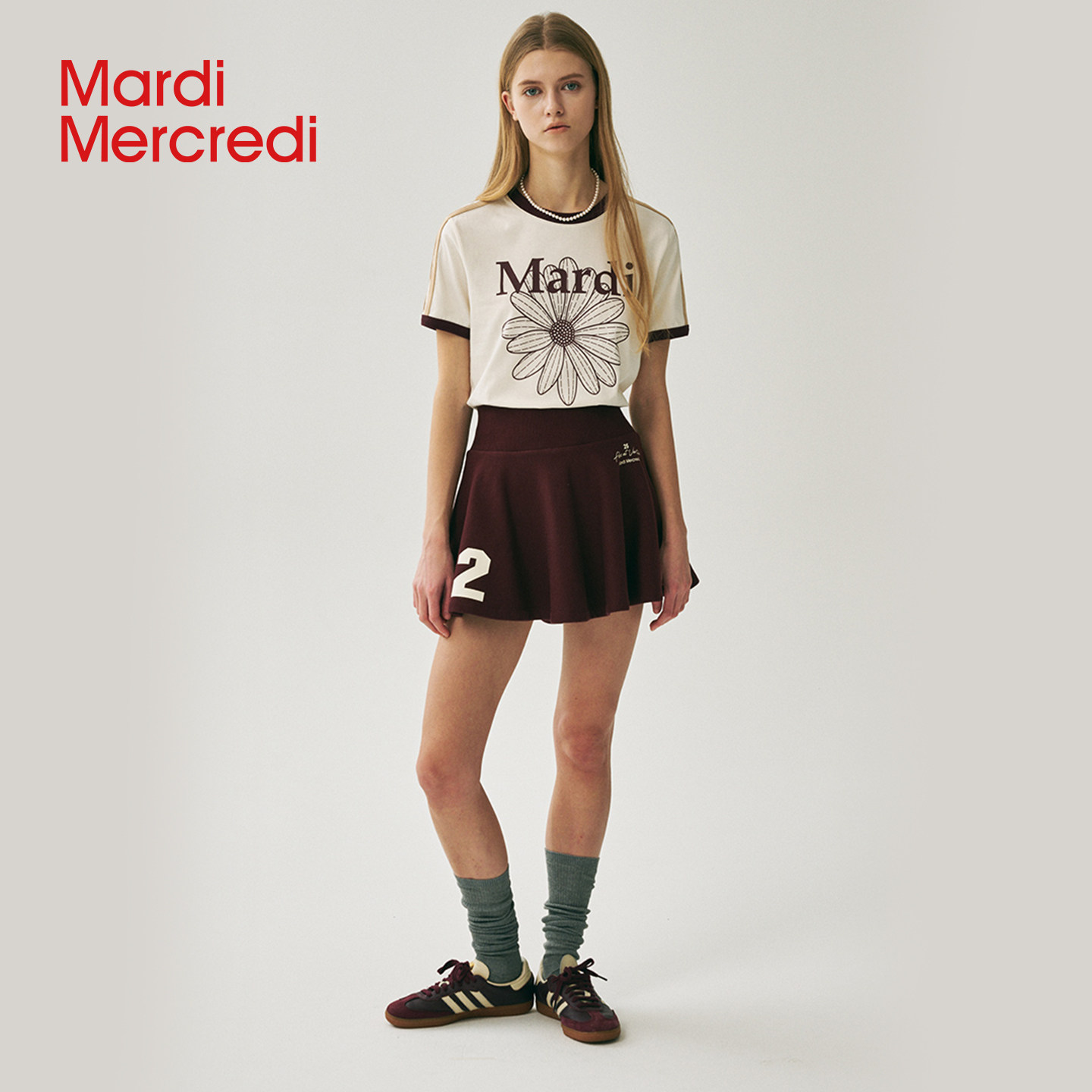 MardiMercredi拼色小雏菊插肩短袖T恤正肩上衣女美式复古夏季新款