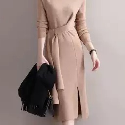 Solid color high neck knitted slit dress高领针织开叉连衣裙女 - 图2