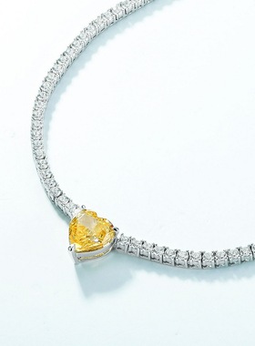 新款S925银镀18K金镶嵌彩宝宝石爱心鹅黄高碳钻项链盒子链锁骨链