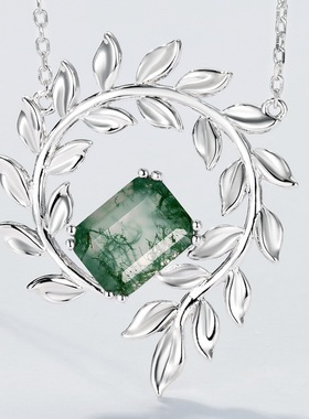 环形橄榄枝绿苔藓石吊坠S925银镀18K金PT950铂金水草玛瑙锁骨链