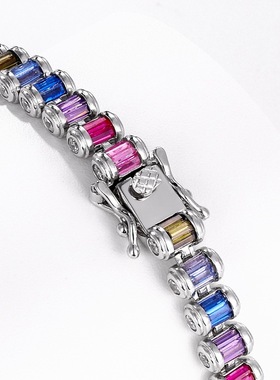 新款满钻彩锆网球链S925银镀18K金镶嵌彩虹彩宝宝石手链嘻哈潮流