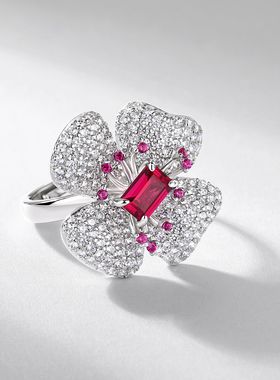 四叶草花瓣培育红宝戒指S925纯银镀18K金PT950铂金满镶彩宝食指戒