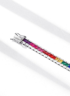 新款彩虹锆石手链女S925银镀18K金彩宝宝石满镶宝石盒子手链轻奢