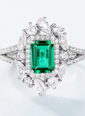 新品培育祖母绿戒指S925银镀18K金PT950铂金水滴镶培育彩宝食指戒