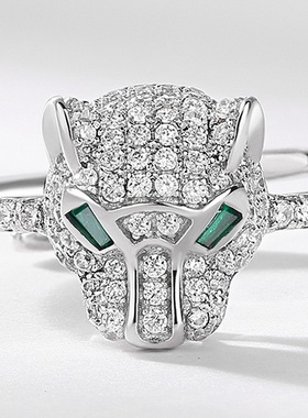 新款璀璨闪耀猎豹戒指S925银镀18K金满镶彩宝宝石动物开口戒时尚