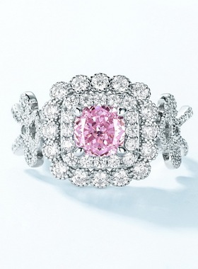 新款冰花切高碳钻戒指S925银镀18K金镶嵌彩宝宝石蝴蝶结指戒轻奢