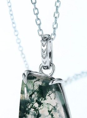 几何绿苔藓吊坠女S925银镀18K金镶嵌彩宝宝石四爪水草玛瑙项坠