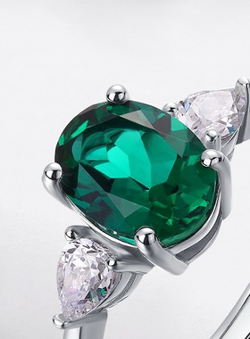 椭圆培育祖母绿开口戒指S925银镀18K金PT950铂金鸽子蛋培育彩宝