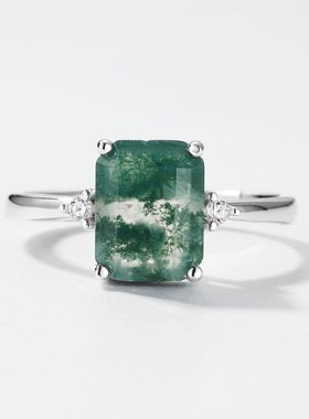 长方天然绿苔藓石戒指S925银镀18K金PT950铂金镶水草玛瑙开口戒指