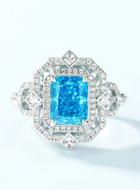 新款浅海蓝高碳钻戒指女S925银镀18K金镶嵌彩宝宝石指戒时尚高端