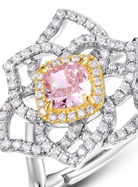 新款璀璨冰花切高碳钻戒指S925银镀18K金花朵彩宝宝石开口戒时尚