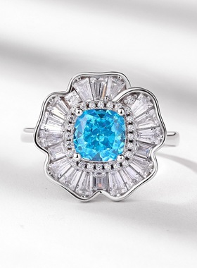 新款花朵戒指S925银镀18K金镶嵌彩宝宝石冰花切高碳钻开口指戒风