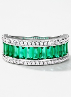 经典排钻复古培育祖母绿戒指女S925银镀18K金PT950铂金镶培育彩宝