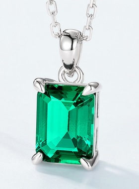 简约培育祖母绿项链S925银镀18K金PT950铂金长方八角培育彩宝吊坠