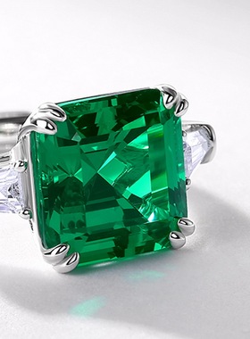 新款超大璀璨绿榴石戒指女S925银镀18K金镶嵌培养彩宝宝石指戒风