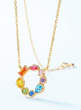新款彩虹锆石项链S925银镀18K金满镶璀璨彩宝宝石锁骨链时尚百搭