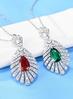 新品S925银镀18K金镶嵌彩宝宝石吊坠女红蓝宝石高碳钻项坠时尚