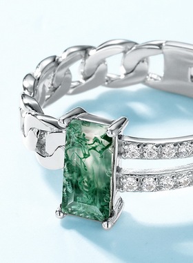 几何天然水草玛瑙链条戒指S925银镀18K金PT950铂金食指戒女