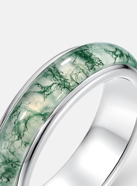 新款天然水草玛瑙宝石戒指女S925银镀18K金镶绿苔藓石食指彩宝戒