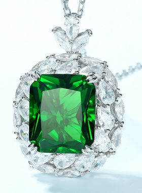 新款S925银镀18K金镶嵌彩宝宝石祖母绿色项坠绿吊坠小众锁骨链