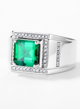 新款S925银镀18K金镶嵌彩宝宝石培育祖母绿戒指男士商务开口指戒