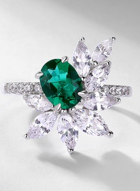 新品个性时尚培育祖母绿戒指S925银镀18K金PT950铂金食指戒百搭