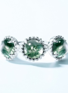 新款S925银镀18K金镶嵌彩宝宝石绿苔藓戒指三石复古开口指戒