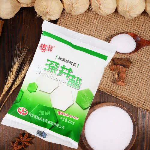 海晶 深井盐加碘400克*50袋食用家用绿色精制盐一整箱批发食用盐 - 图0