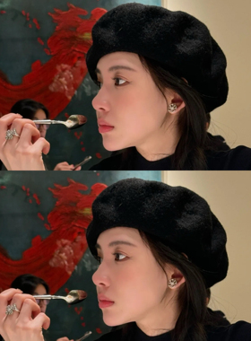 100%羊毛贝雷帽子高级感黑色帽子
