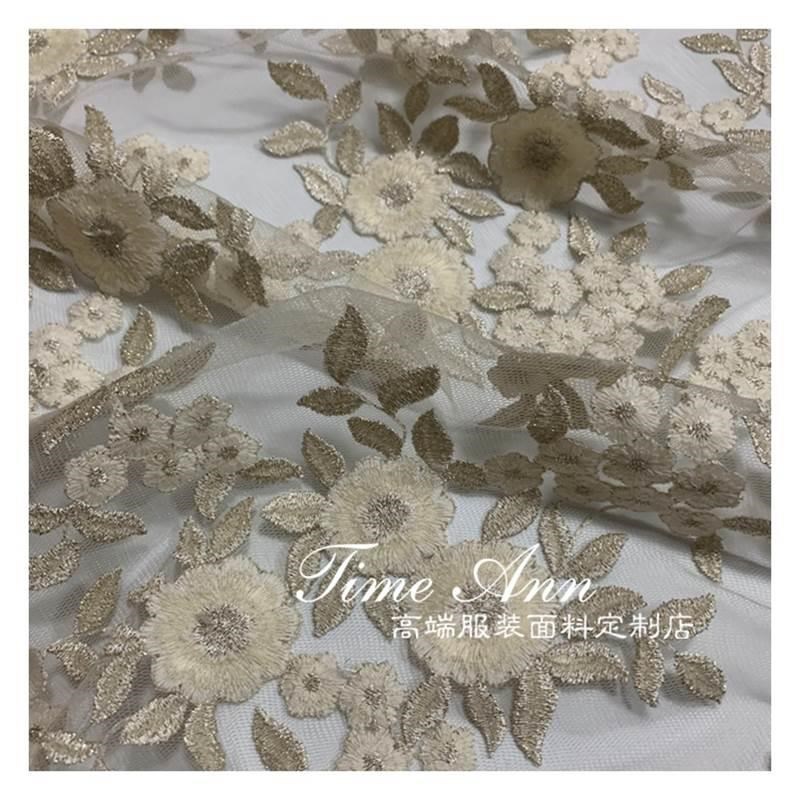 新品重工清新小碎花金丝刺绣蕾丝布料旗袍精致绣花连衣裙服装面料 - 图2