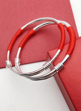 999婴幼儿宝宝银手镯女 儿童周岁实心调节正品刻字红绳银手环一对