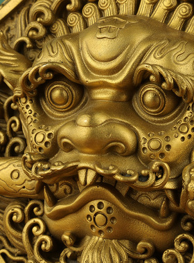 黄铜八角狮咬剑吞口瑞兽虎头牌八卦镜牌八角狮头挂件家居用品