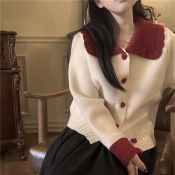 2024 New Doll Collar Contrast Color Chic Knitted Cardigan Jacket Women Sweet Cool Long Sleeve Thin Sweater Women